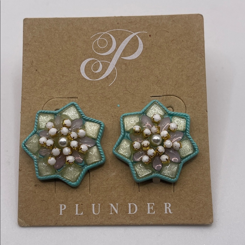 🧡$5 Bundle NWT PLUNDER Teal and Gold Floral Earrings